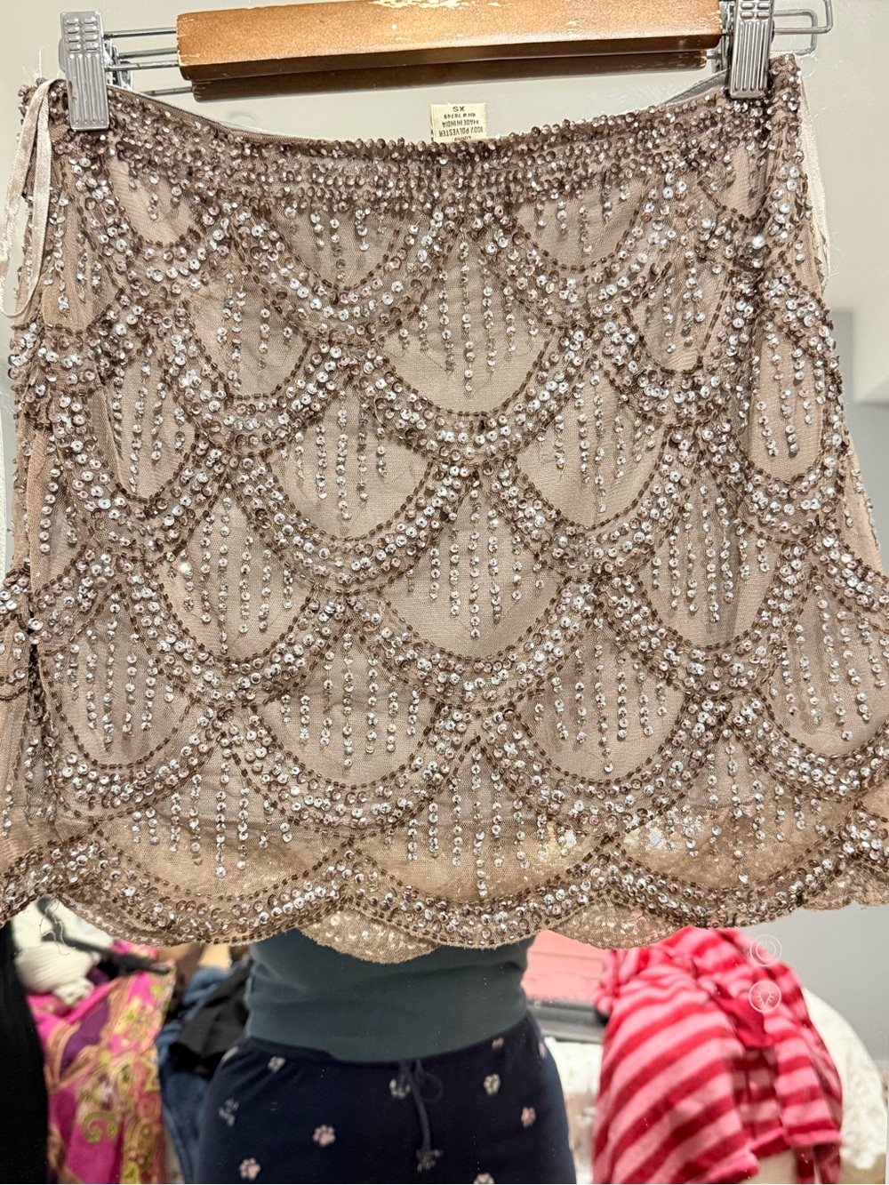 Arden B Embellished Beige Sequin Mini Skirt